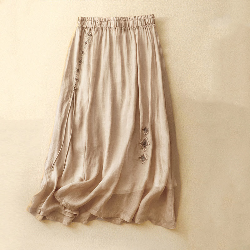 Nimara Ritual Ethnic Vintage Embroidery Button Design Women's Cotton Linen 7-8 Length Skirt