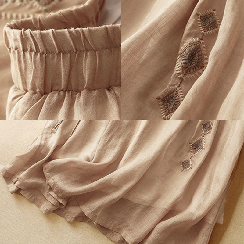 Nimara Ritual Ethnic Vintage Embroidery Button Design Women's Cotton Linen 7-8 Length Skirt