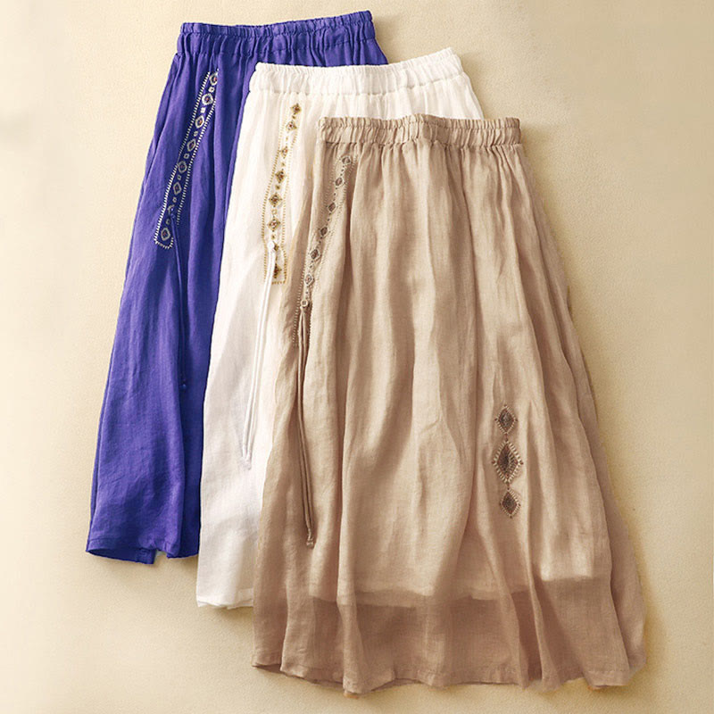 Nimara Ritual Ethnic Vintage Embroidery Button Design Women's Cotton Linen 7-8 Length Skirt
