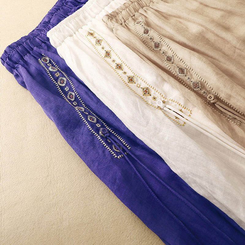 Nimara Ritual Ethnic Vintage Embroidery Button Design Women's Cotton Linen 7-8 Length Skirt