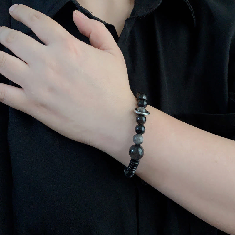 Nimara Ritual Silver Sheen Obsidian Coconut Shell Protection Bracelet