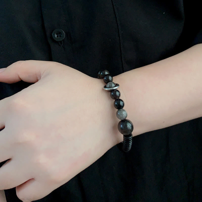 Nimara Ritual Silver Sheen Obsidian Coconut Shell Protection Bracelet