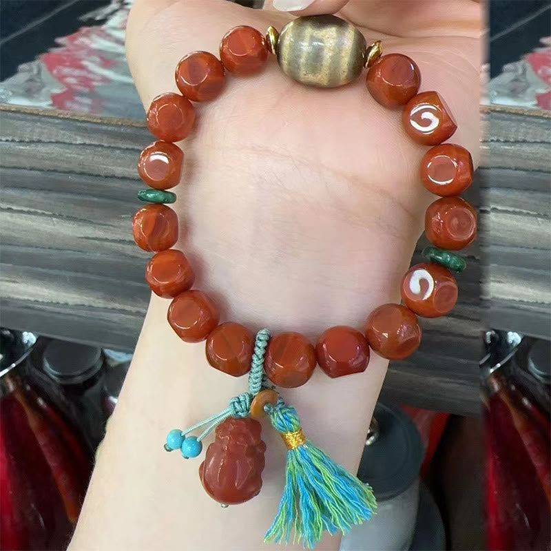 Nimara Ritual Natural South Red Agate Pixiu Dzi Bead Fortune Luck Bracelet
