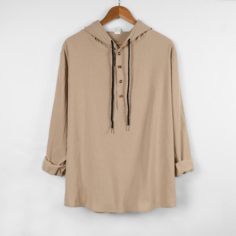 Nimara Ritual Solid Color Fall Half Buttons Men's Hooded Long Sleeve Cotton Shirt