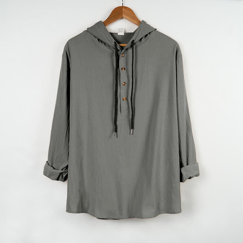 Nimara Ritual Solid Color Fall Half Buttons Men's Hooded Long Sleeve Cotton Shirt