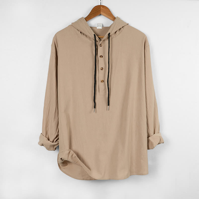 Nimara Ritual Solid Color Fall Half Buttons Men's Hooded Long Sleeve Cotton Shirt
