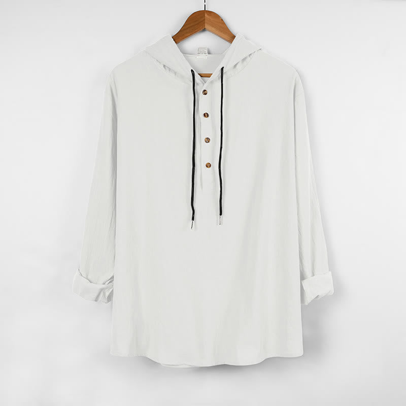 Nimara Ritual Solid Color Fall Half Buttons Men's Hooded Long Sleeve Cotton Shirt