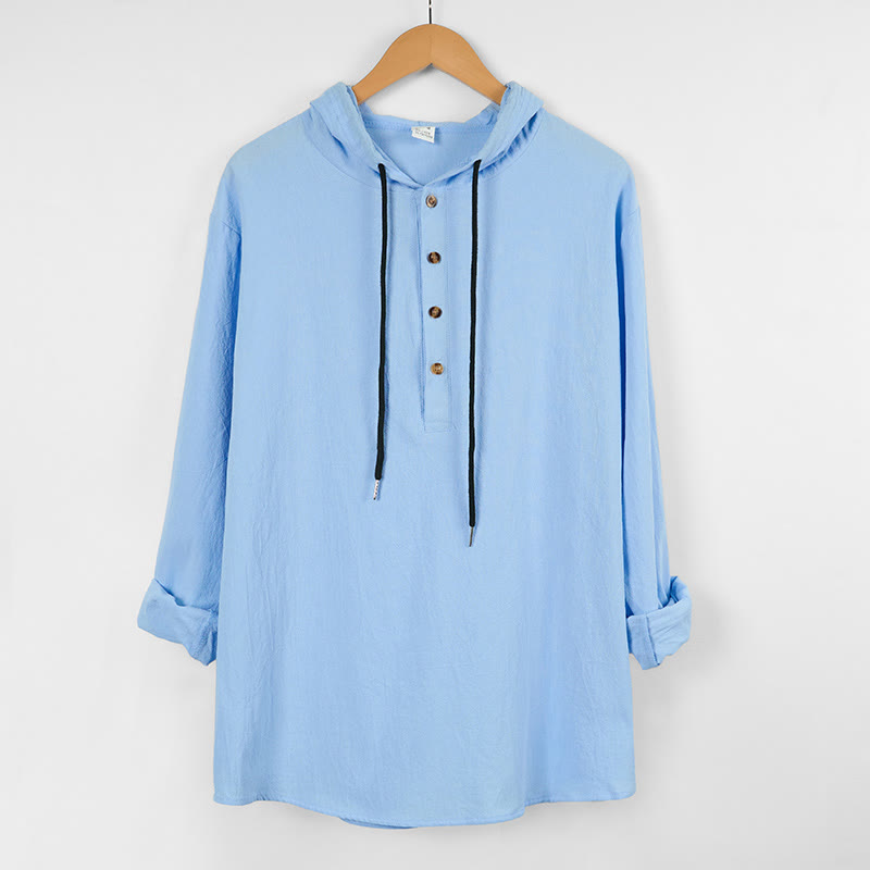 Nimara Ritual Solid Color Fall Half Buttons Men's Hooded Long Sleeve Cotton Shirt