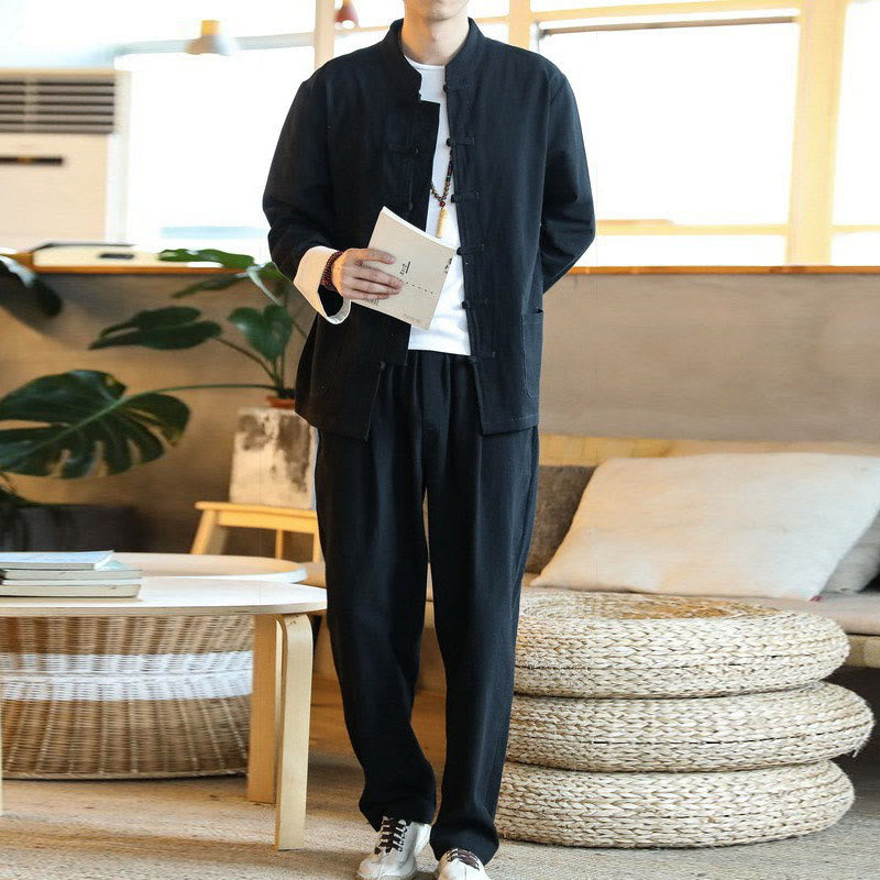 Nimara Ritual 2Pcs Zen Tang Suit Men's Frog-Button Long Sleeve Shirt Pants Set With Pockets