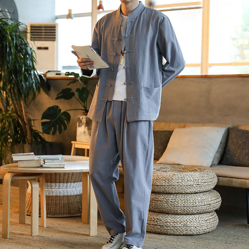 Nimara Ritual 2Pcs Zen Tang Suit Men's Frog-Button Long Sleeve Shirt Pants Set With Pockets