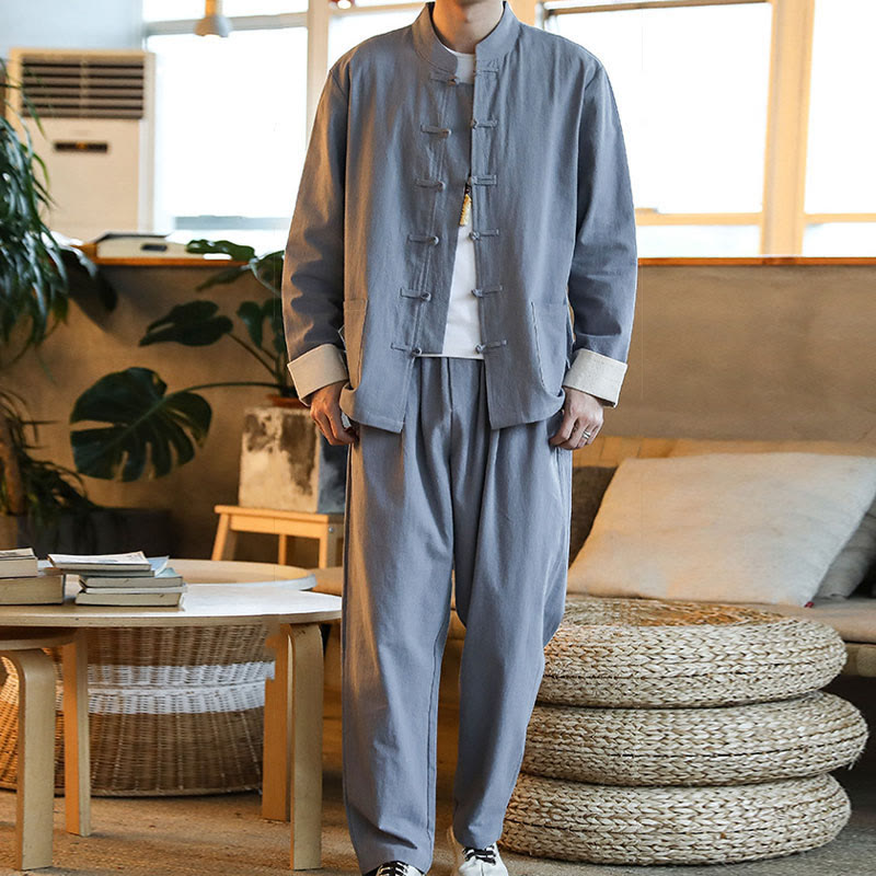 Nimara Ritual 2Pcs Zen Tang Suit Men's Frog-Button Long Sleeve Shirt Pants Set With Pockets