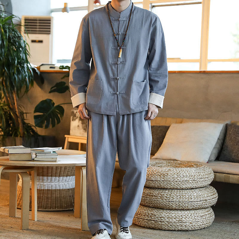 Nimara Ritual 2Pcs Zen Tang Suit Men's Frog-Button Long Sleeve Shirt Pants Set With Pockets