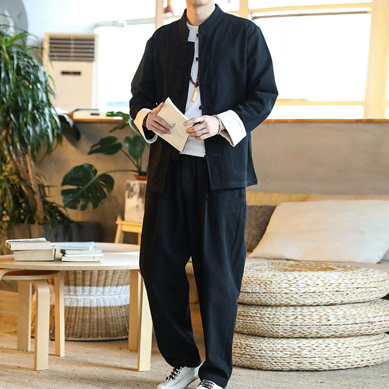 Nimara Ritual 2Pcs Zen Tang Suit Men's Frog-Button Long Sleeve Shirt Pants Set With Pockets