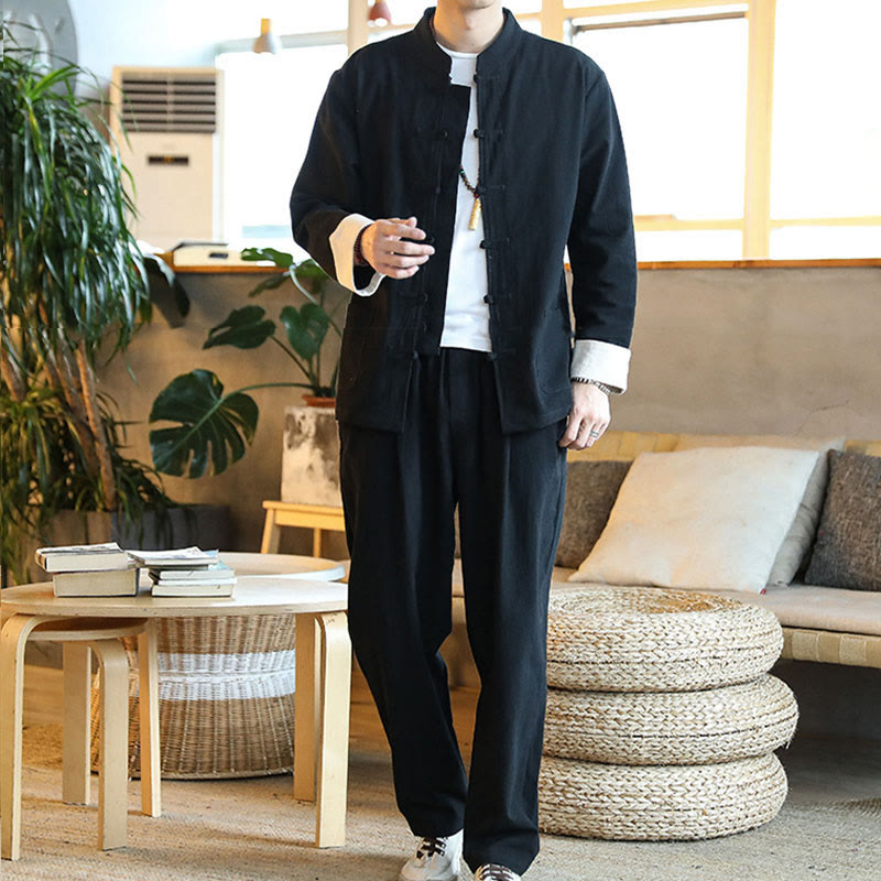 Nimara Ritual 2Pcs Zen Tang Suit Men's Frog-Button Long Sleeve Shirt Pants Set With Pockets