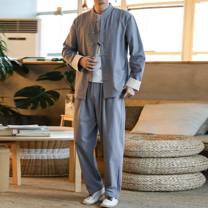 Nimara Ritual 2Pcs Zen Tang Suit Men's Frog-Button Long Sleeve Shirt Pants Set With Pockets