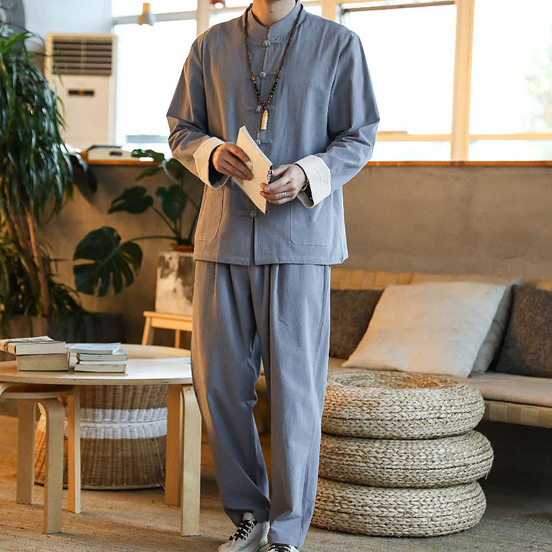 Nimara Ritual 2Pcs Zen Tang Suit Men's Frog-Button Long Sleeve Shirt Pants Set With Pockets