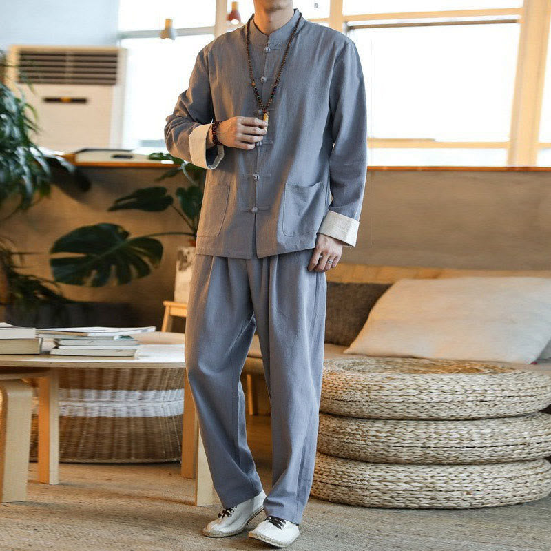 Nimara Ritual 2Pcs Zen Tang Suit Men's Frog-Button Long Sleeve Shirt Pants Set With Pockets