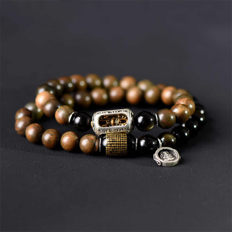 Nimara Ritual Tibetan Green Sandalwood Gold Sheen Obsidian Balance Peace Double Wrap Bracelet