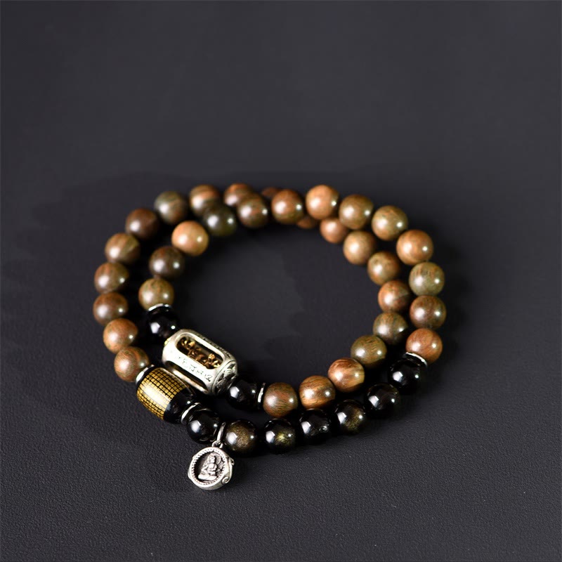 Nimara Ritual Tibetan Green Sandalwood Gold Sheen Obsidian Balance Peace Double Wrap Bracelet