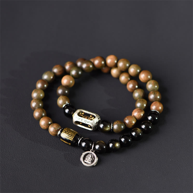 Nimara Ritual Tibetan Green Sandalwood Gold Sheen Obsidian Balance Peace Double Wrap Bracelet