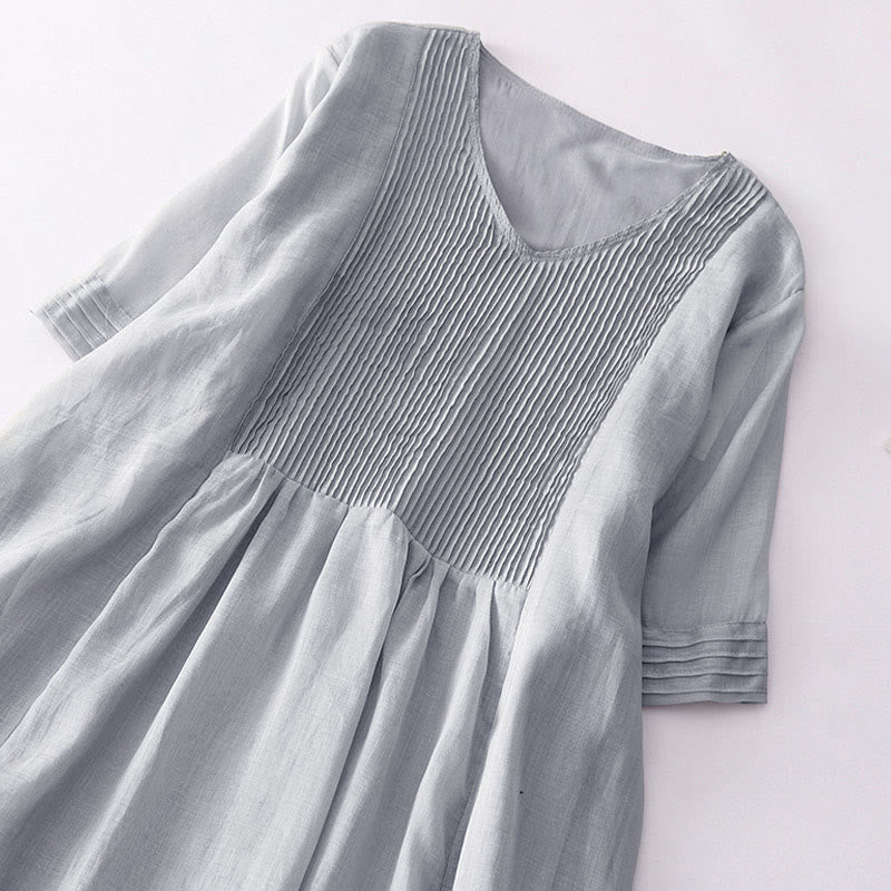 Nimara Ritual Casual Accordion Pleat Plain V-neck Short Sleeve Midi Dress With Pockets