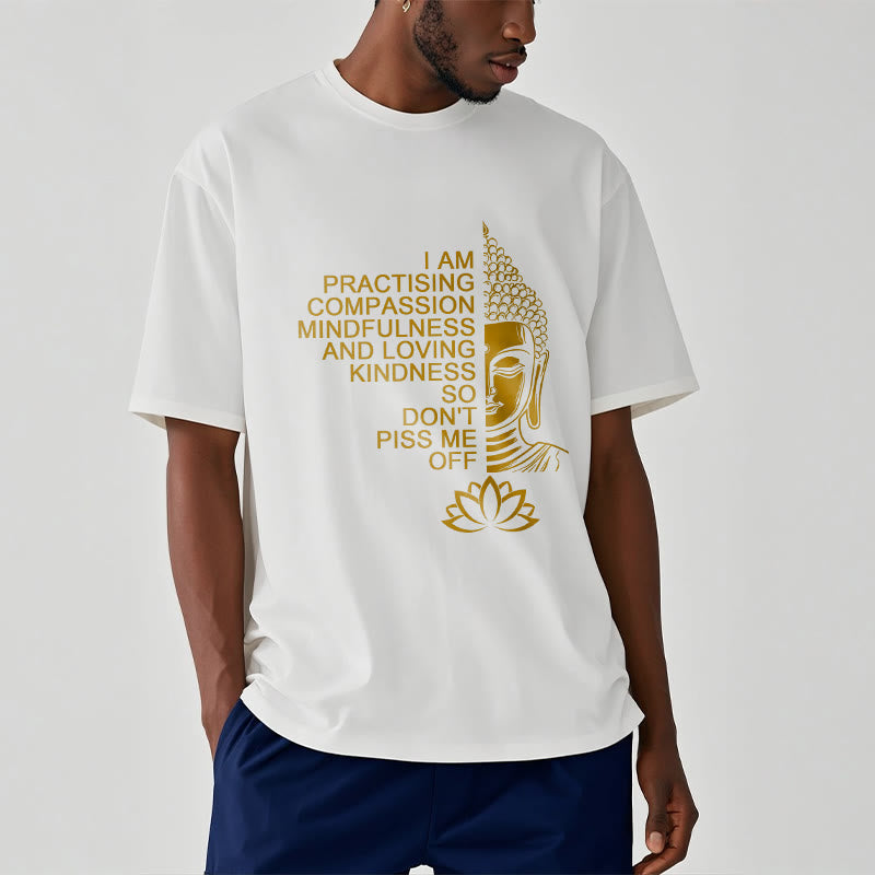 Nimara Ritual Casual Golden Side Buddha Lotus Flower Pattern Cotton Tee T-Shirt