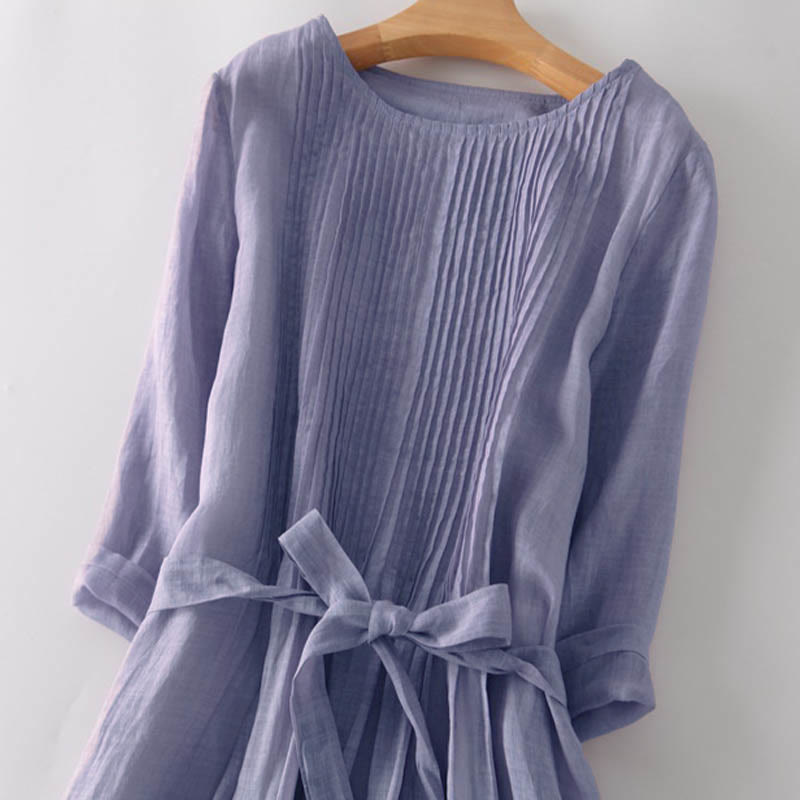 Nimara Ritual Casual Lace-up Plain Crew Neck Half Sleeve Midi Dress With Pockets