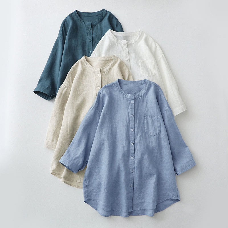 Nimara Ritual Solid Color Button Three Quarter Sleeve Shirt