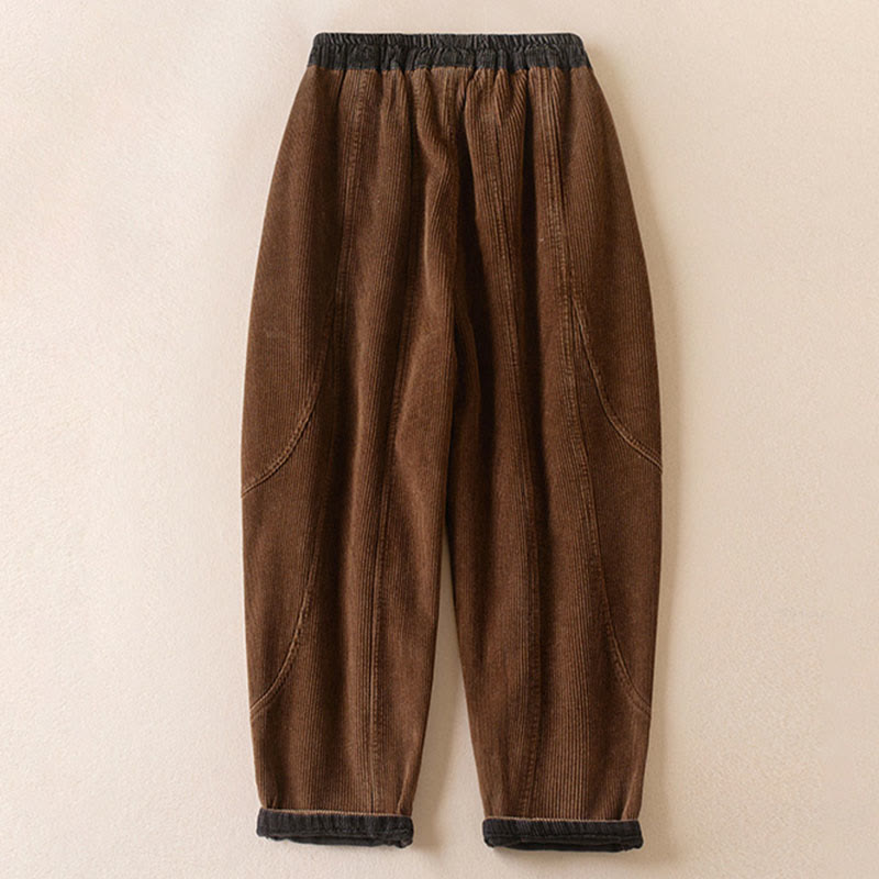 Nimara Ritual Color Contrast Corduroy Cotton Women's Thermal Fleece-Lined Harem Pants With Pockets