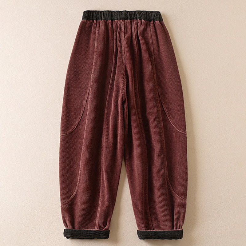 Nimara Ritual Color Contrast Corduroy Cotton Women's Thermal Fleece-Lined Harem Pants With Pockets