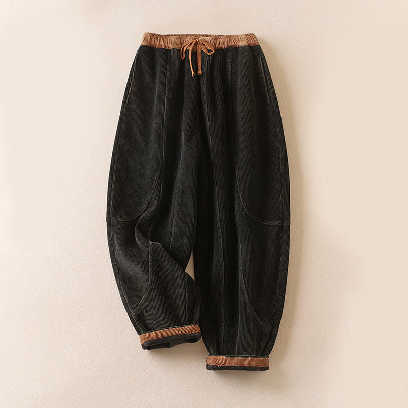 Nimara Ritual Color Contrast Corduroy Cotton Women's Thermal Fleece-Lined Harem Pants With Pockets