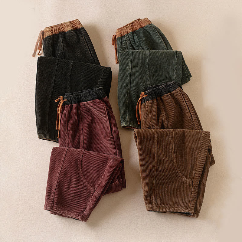 Nimara Ritual Color Contrast Corduroy Cotton Women's Thermal Fleece-Lined Harem Pants With Pockets
