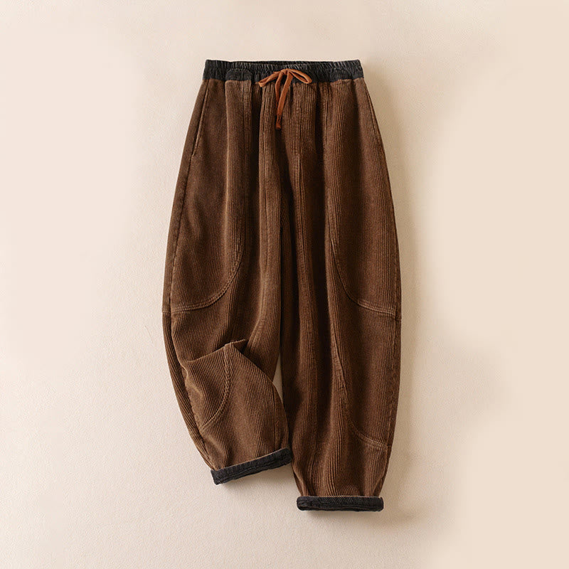 Nimara Ritual Color Contrast Corduroy Cotton Women's Thermal Fleece-Lined Harem Pants With Pockets