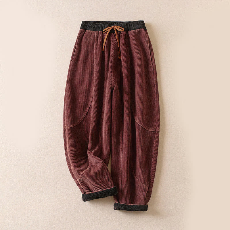 Nimara Ritual Color Contrast Corduroy Cotton Women's Thermal Fleece-Lined Harem Pants With Pockets
