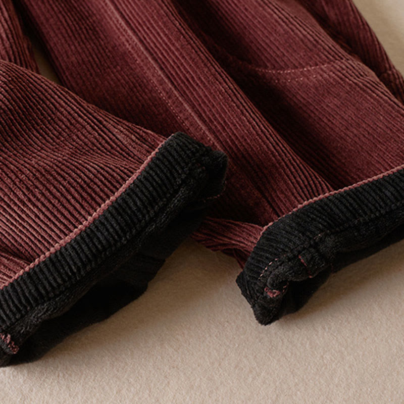 Nimara Ritual Color Contrast Corduroy Cotton Women's Thermal Fleece-Lined Harem Pants With Pockets