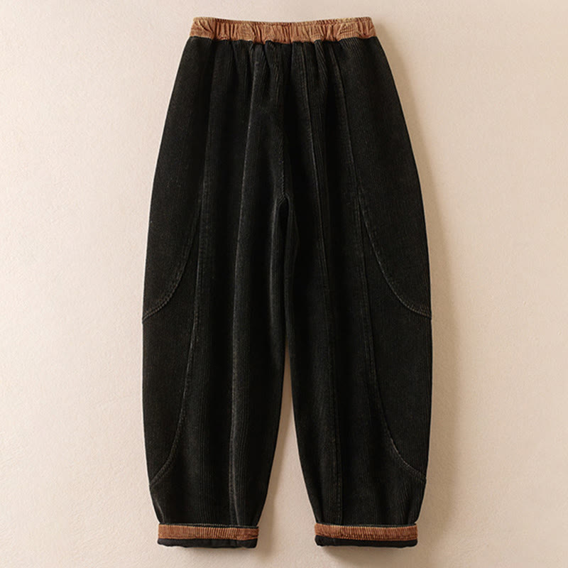 Nimara Ritual Color Contrast Corduroy Cotton Women's Thermal Fleece-Lined Harem Pants With Pockets