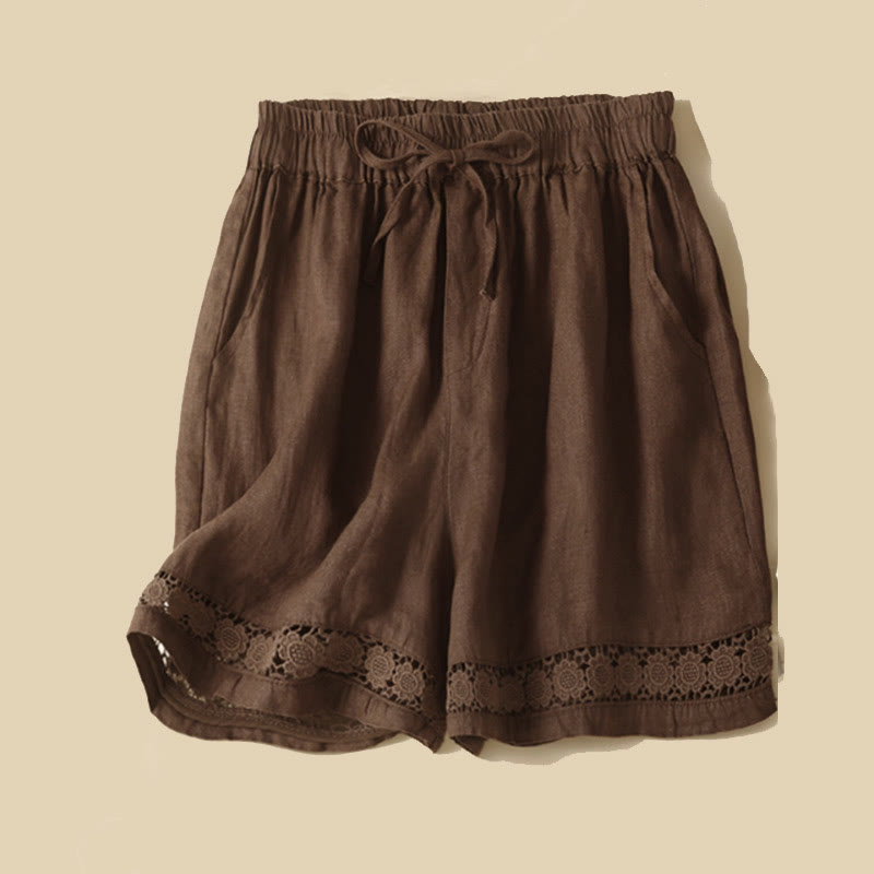 Nimara Ritual Plain Color Bottom Hollow Lace Design Lace-up Cotton Women's Shorts With Pockets