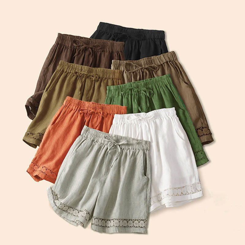 Nimara Ritual Plain Color Bottom Hollow Lace Design Lace-up Cotton Women's Shorts With Pockets