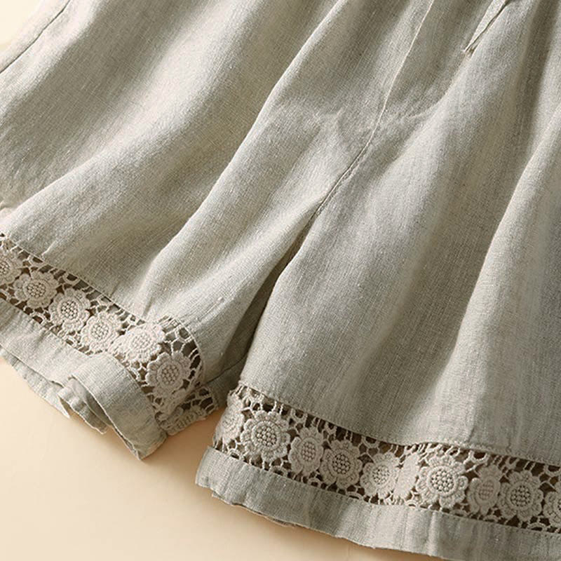 Nimara Ritual Plain Color Bottom Hollow Lace Design Lace-up Cotton Women's Shorts With Pockets