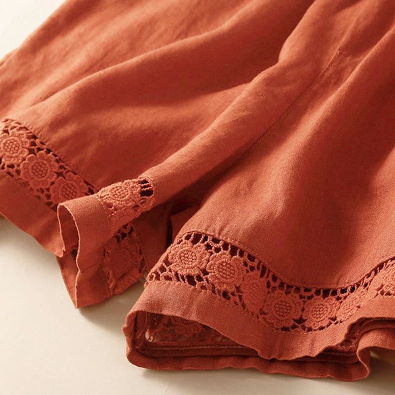 Nimara Ritual Plain Color Bottom Hollow Lace Design Lace-up Cotton Women's Shorts With Pockets