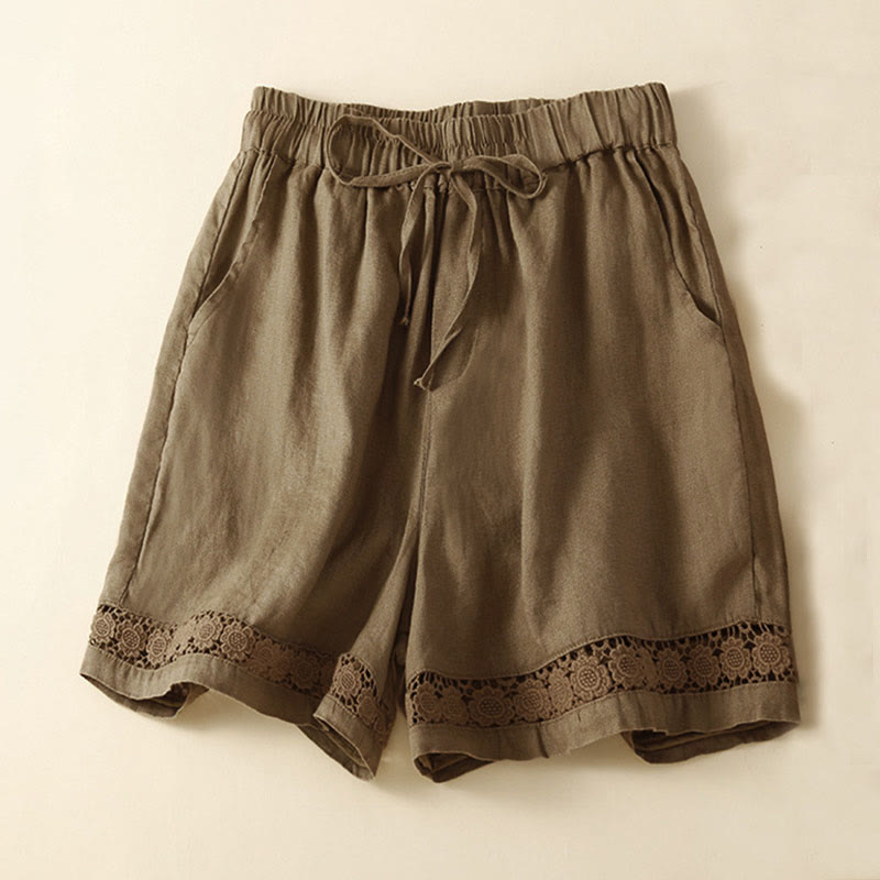Nimara Ritual Plain Color Bottom Hollow Lace Design Lace-up Cotton Women's Shorts With Pockets