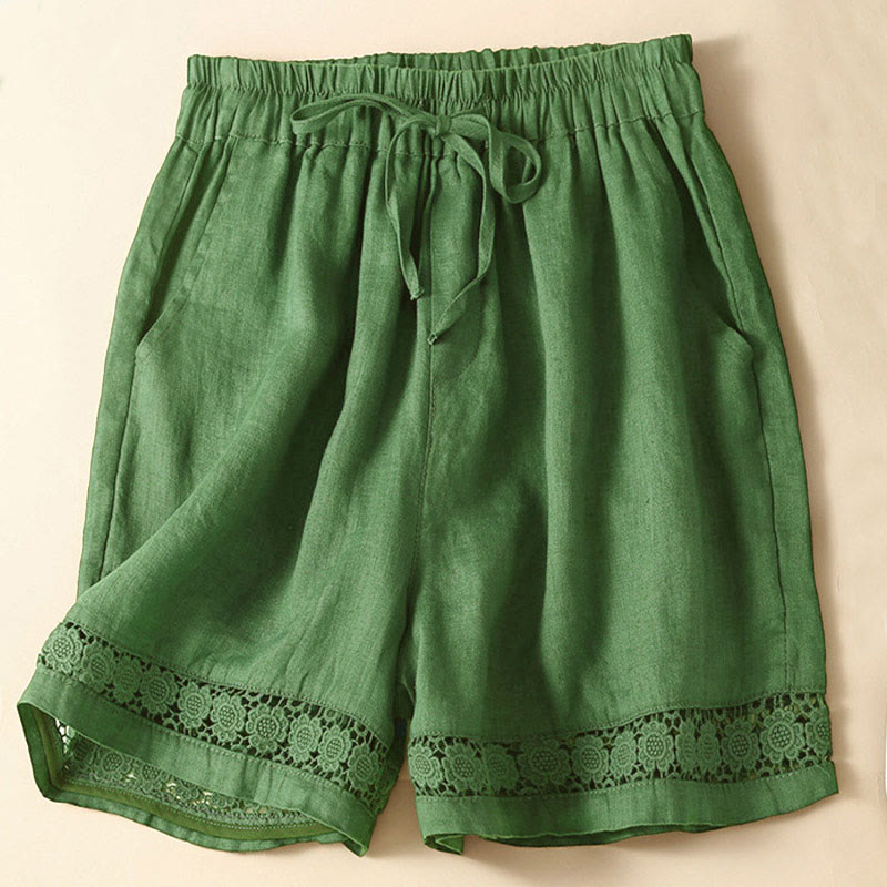 Nimara Ritual Plain Color Bottom Hollow Lace Design Lace-up Cotton Women's Shorts With Pockets