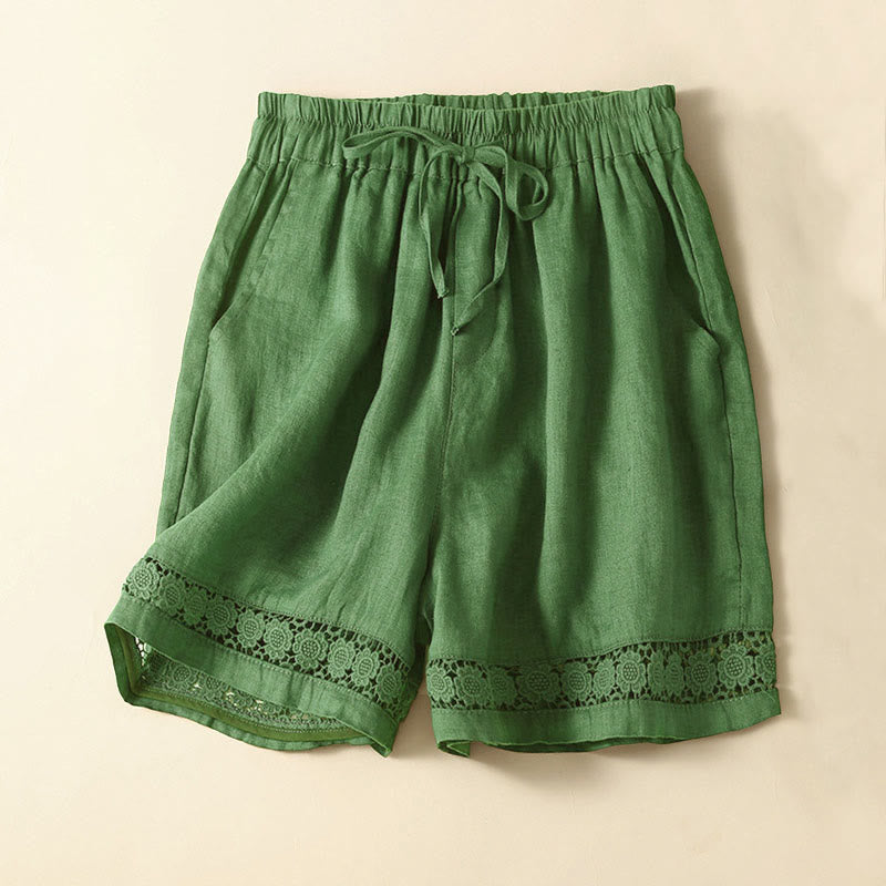 Nimara Ritual Plain Color Bottom Hollow Lace Design Lace-up Cotton Women's Shorts With Pockets