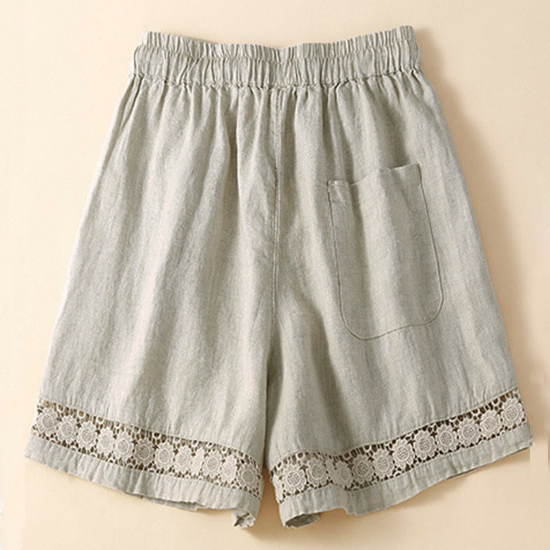 Nimara Ritual Plain Color Bottom Hollow Lace Design Lace-up Cotton Women's Shorts With Pockets
