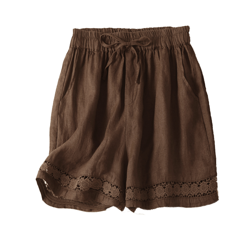 Nimara Ritual Plain Color Bottom Hollow Lace Design Lace-up Cotton Women's Shorts With Pockets