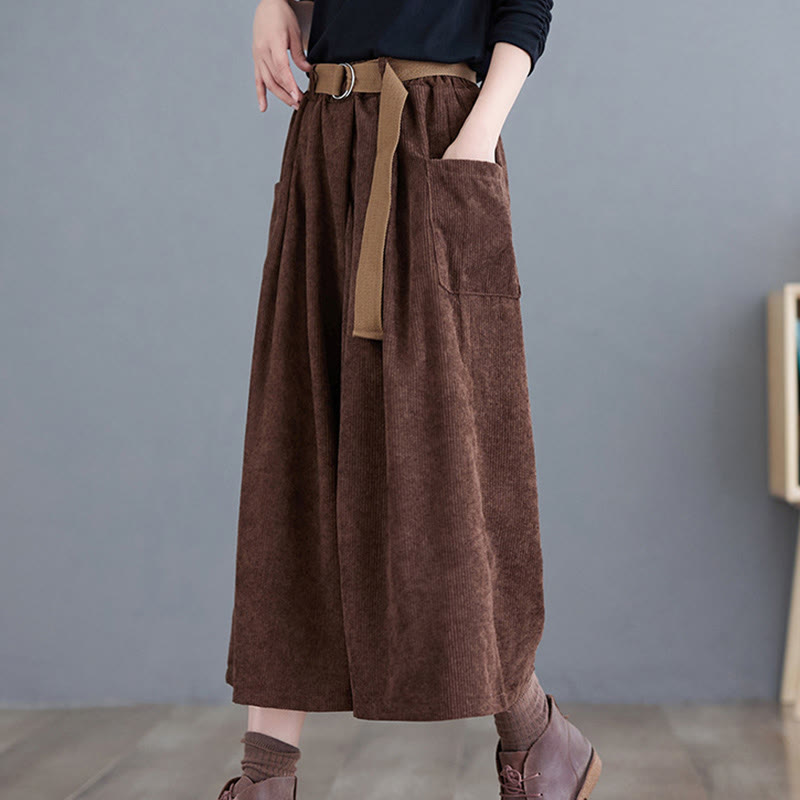 Nimara Ritual Retro Women's Wide Leg 7-8 Length Corduroy Pants With Pockets Belt