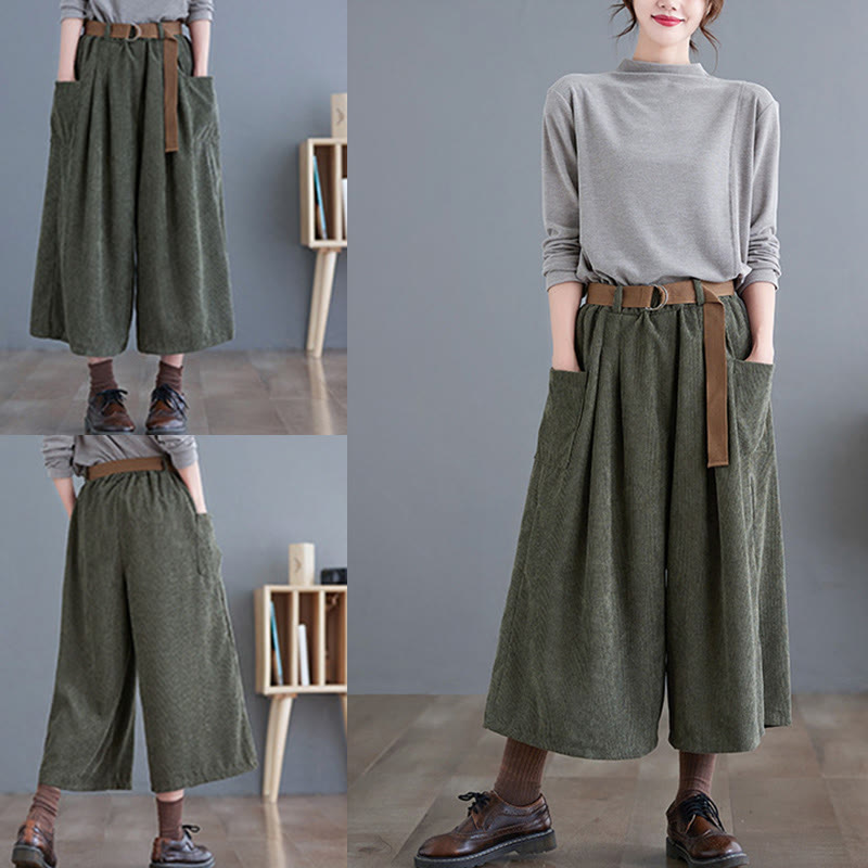 Nimara Ritual Retro Women's Wide Leg 7-8 Length Corduroy Pants With Pockets Belt