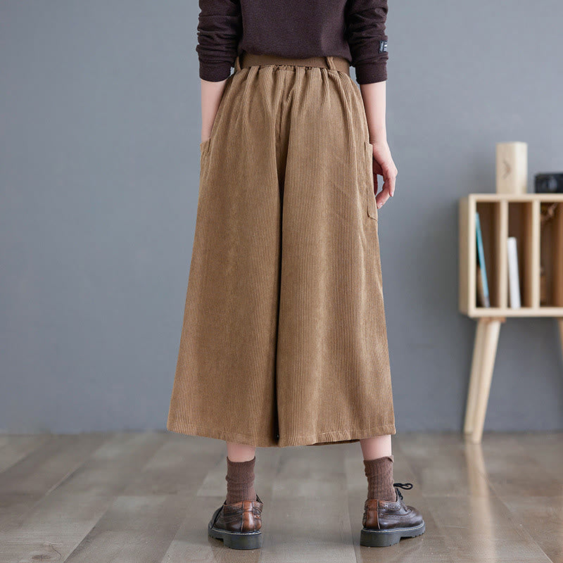 Nimara Ritual Retro Women's Wide Leg 7-8 Length Corduroy Pants With Pockets Belt