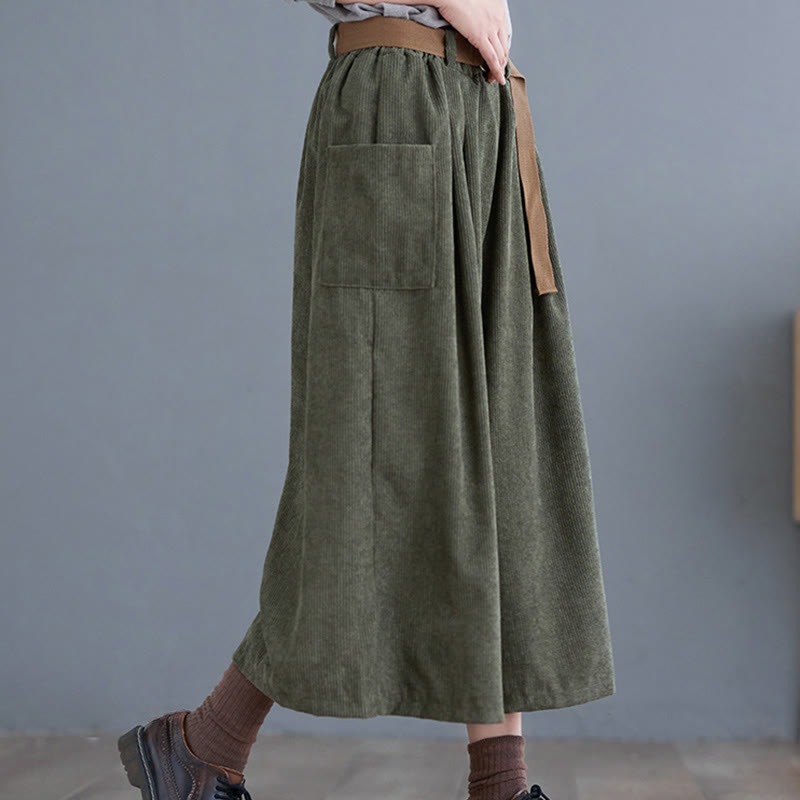 Nimara Ritual Retro Women's Wide Leg 7-8 Length Corduroy Pants With Pockets Belt