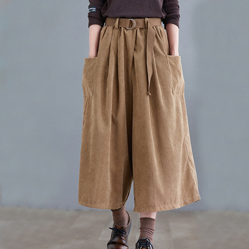 Nimara Ritual Retro Women's Wide Leg 7-8 Length Corduroy Pants With Pockets Belt